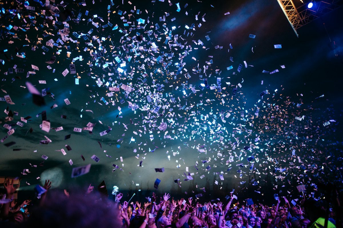 Confetti over the crowd at a live entertainment event